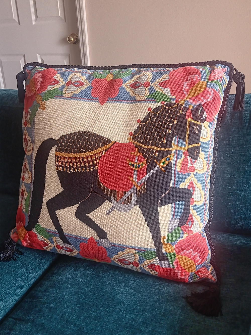 Vintage Hand-Stitched Needlepoint Pillow with Tassel Corners | Velvet Back